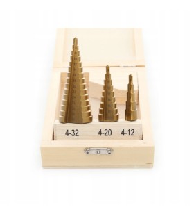 WIERTŁA STOPNIOWE STOŻKOWE TYTANOWE 3szt. 4-32mm